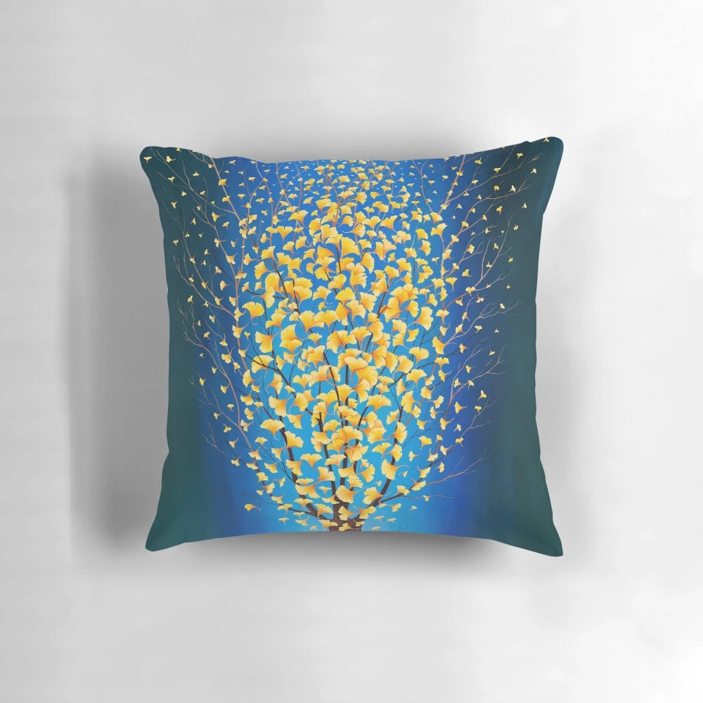 Vibrant blue and orange pillow with flowing, symmetrical leaf design