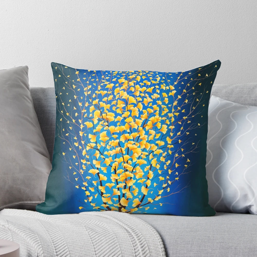 Vibrant blue and orange pillow with flowing, symmetrical leaf design