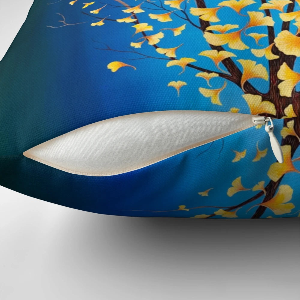 Vibrant blue and orange pillow with flowing, symmetrical leaf design