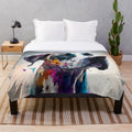 A plush blanket featuring a synesthetic splash painting of a Great Dane dog