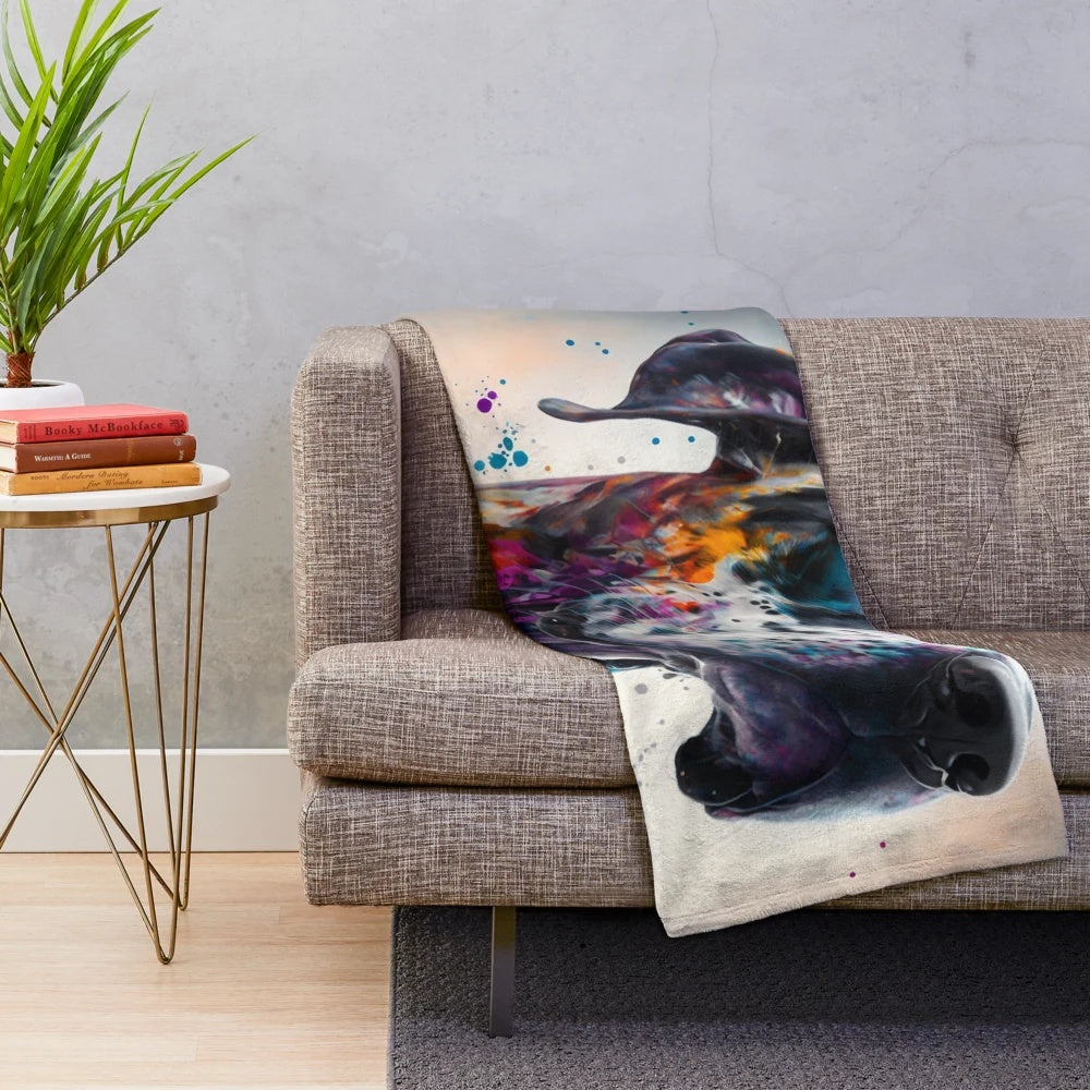 A plush blanket featuring a synesthetic splash painting of a Great Dane dog