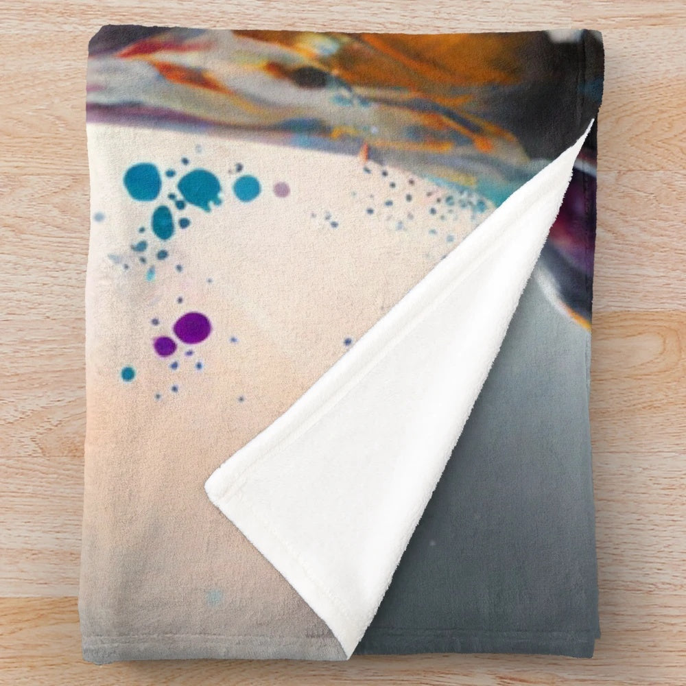 A plush blanket featuring a synesthetic splash painting of a Great Dane dog