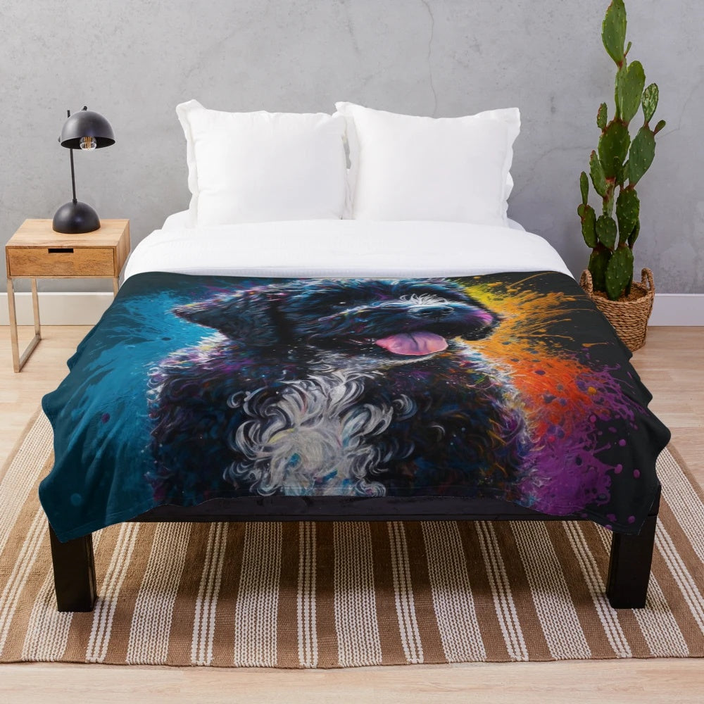 Portuguese Water Dog Themed Plush Blanket with Synesthetic Splash Painting Art