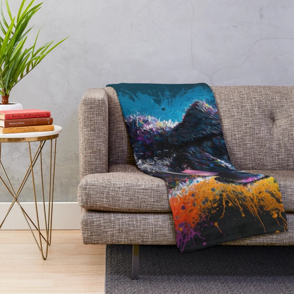 Portuguese Water Dog Themed Plush Blanket with Synesthetic Splash Painting Art