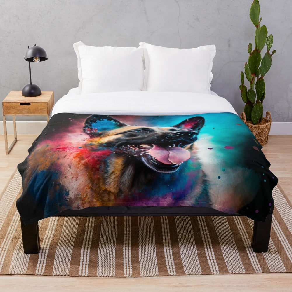 Belgian Malinois dog on a synesthetic splash painted plush blanket