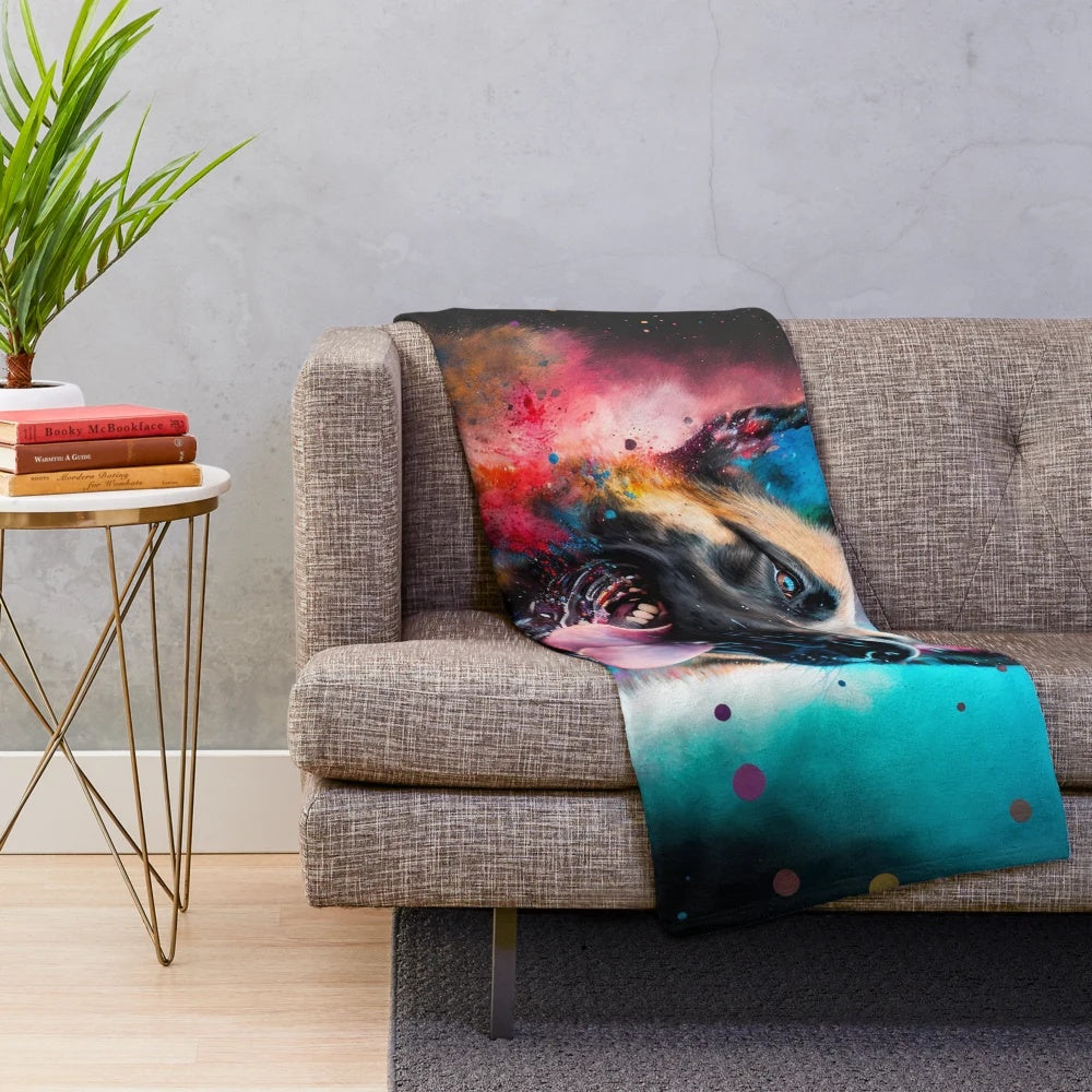 Belgian Malinois dog on a synesthetic splash painted plush blanket