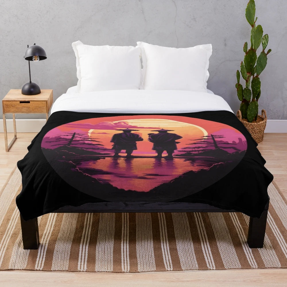Synthwave inspired plush blanket with traditional Japanese sunset scene