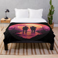 Synthwave inspired plush blanket with traditional Japanese sunset scene