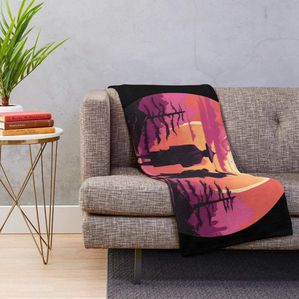 Synthwave inspired plush blanket with traditional Japanese sunset scene