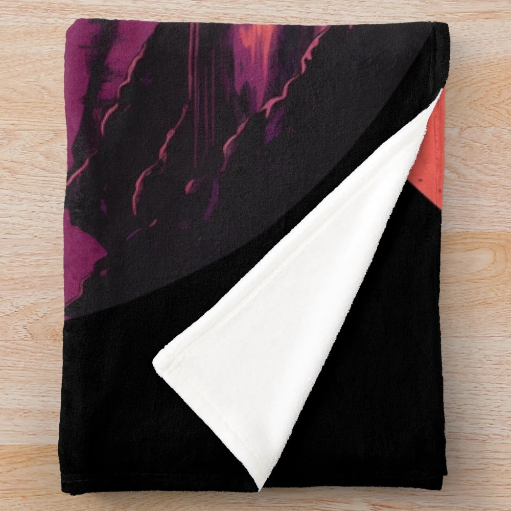 Synthwave inspired plush blanket with traditional Japanese sunset scene