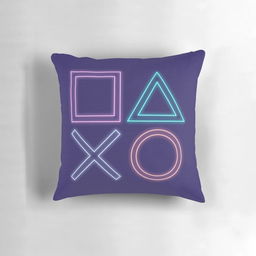 Synthwave Neon Gaming Pillow featuring Playstation-inspired buttons and retro 80s aesthetic