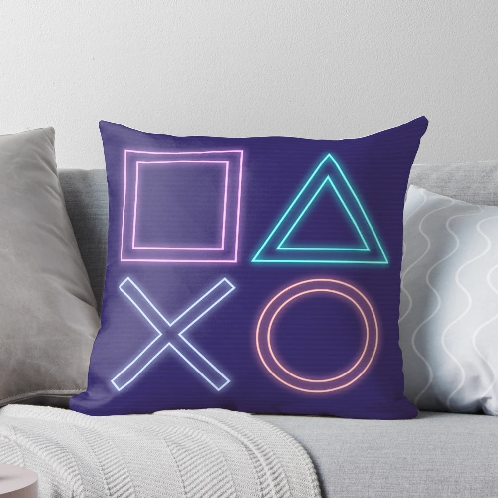 Synthwave Neon Gaming Pillow featuring Playstation-inspired buttons and retro 80s aesthetic