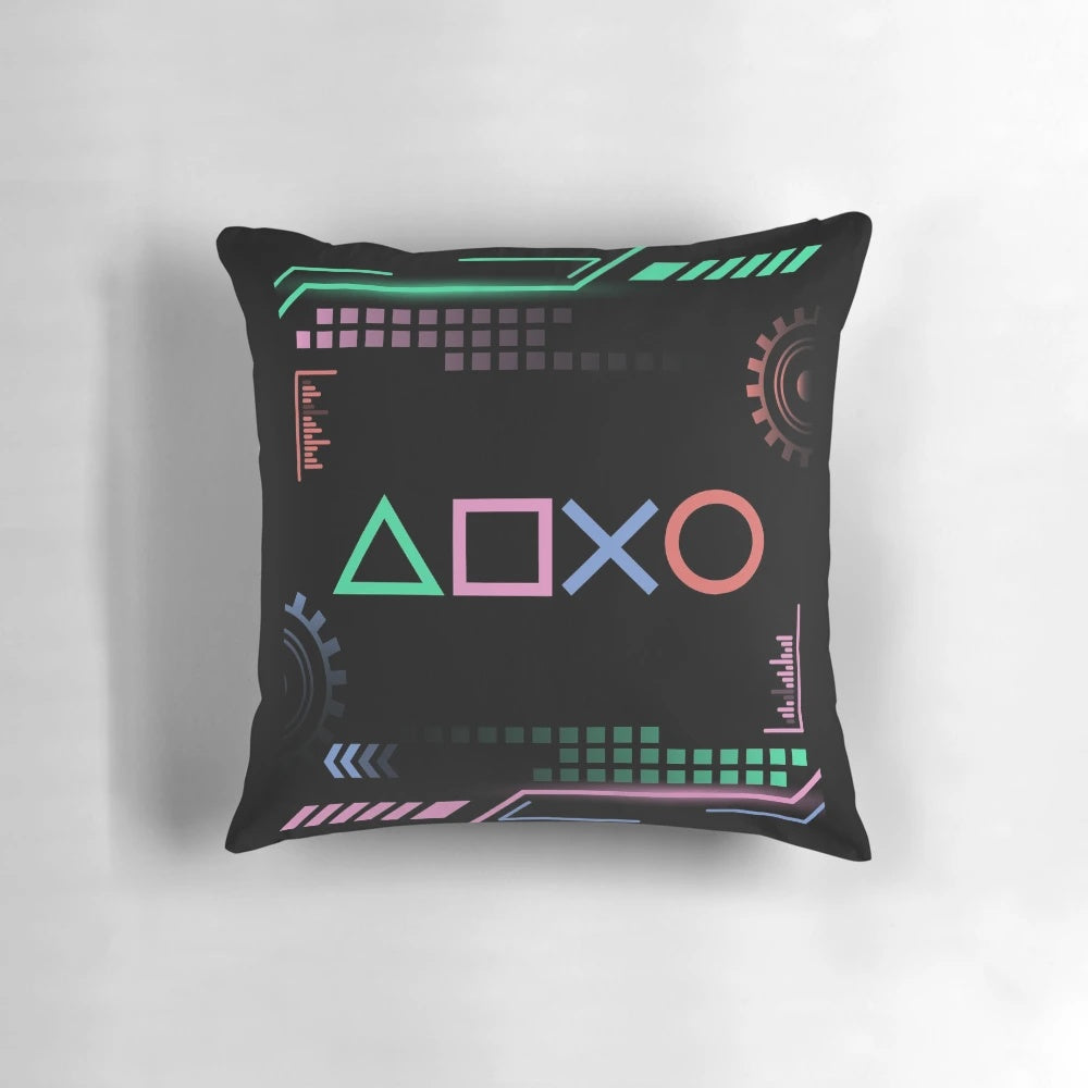 Synthwave-inspired retro gaming pillow with vibrant neon colors and futuristic aesthetic