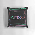 Synthwave-inspired retro gaming pillow with vibrant neon colors and futuristic aesthetic