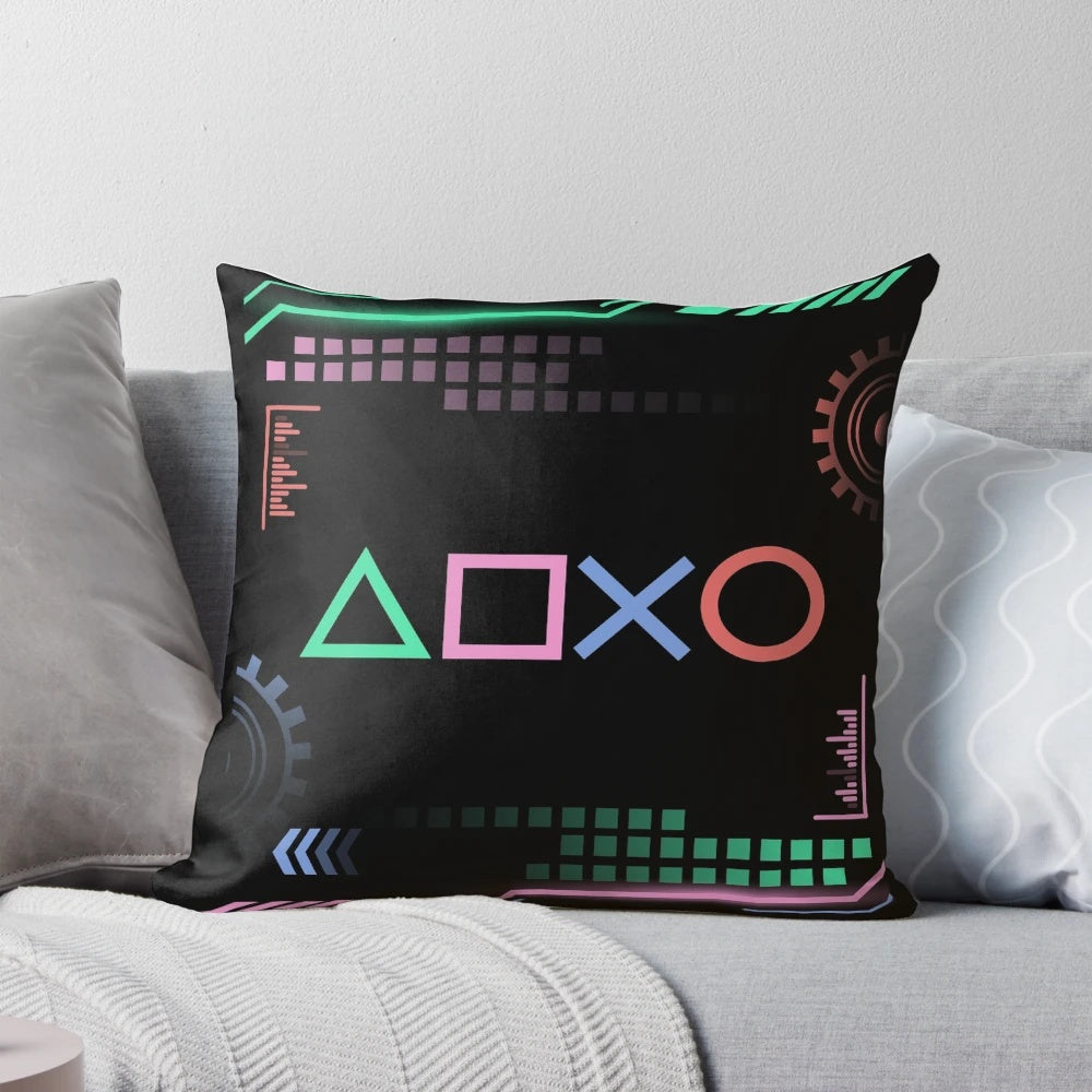 Synthwave-inspired retro gaming pillow with vibrant neon colors and futuristic aesthetic