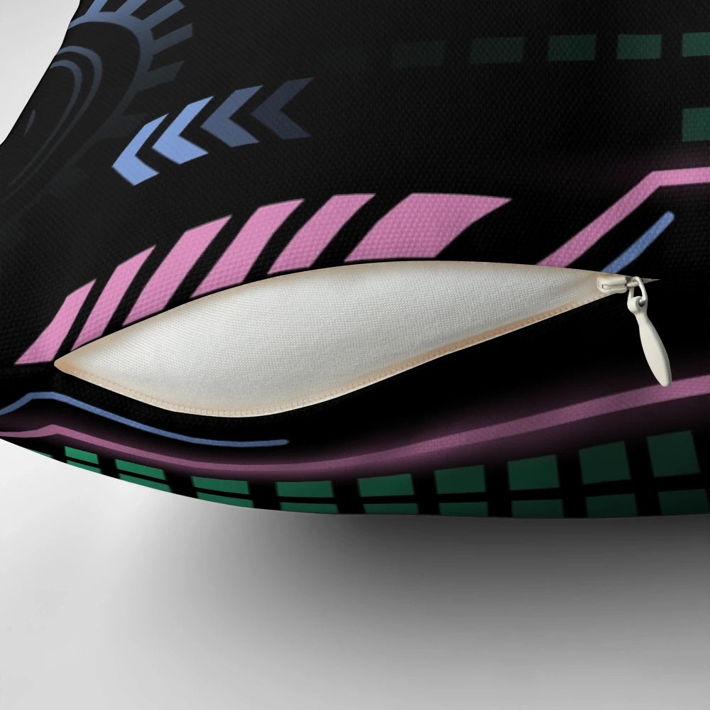 Synthwave-inspired retro gaming pillow with vibrant neon colors and futuristic aesthetic