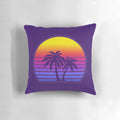 Synthwave sun palm trees design printed on a soft and comfortable pillow.