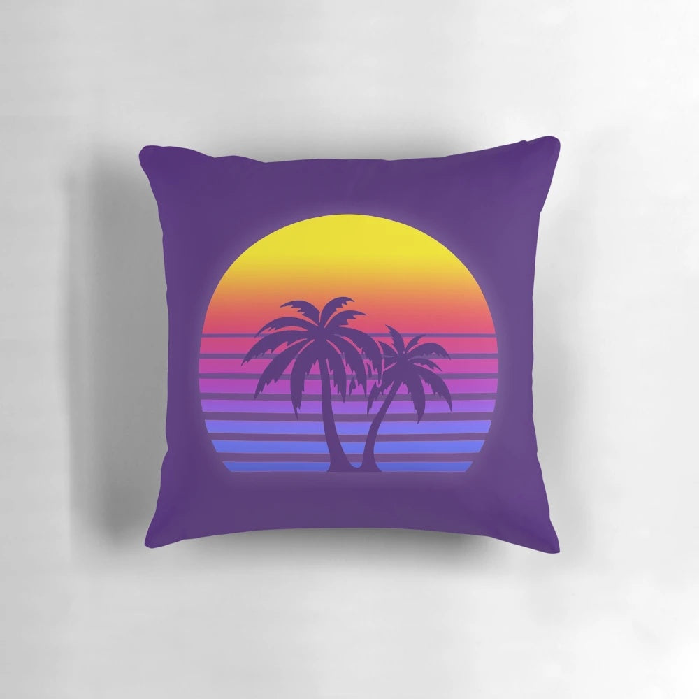 Synthwave sun palm trees design printed on a soft and comfortable pillow.