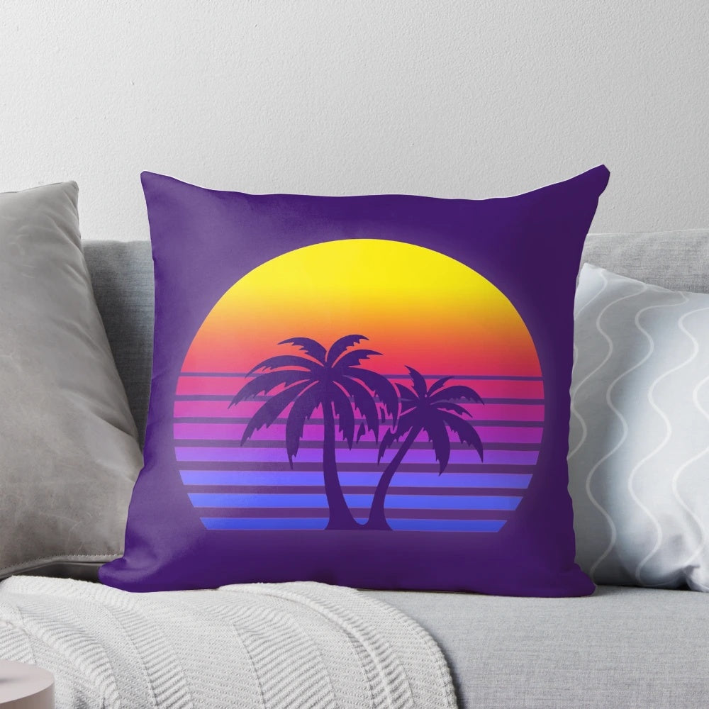 Synthwave sun palm trees design printed on a soft and comfortable pillow.