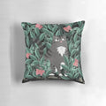 Tabby cat pillow with a lush, jungle-inspired butterfly garden design