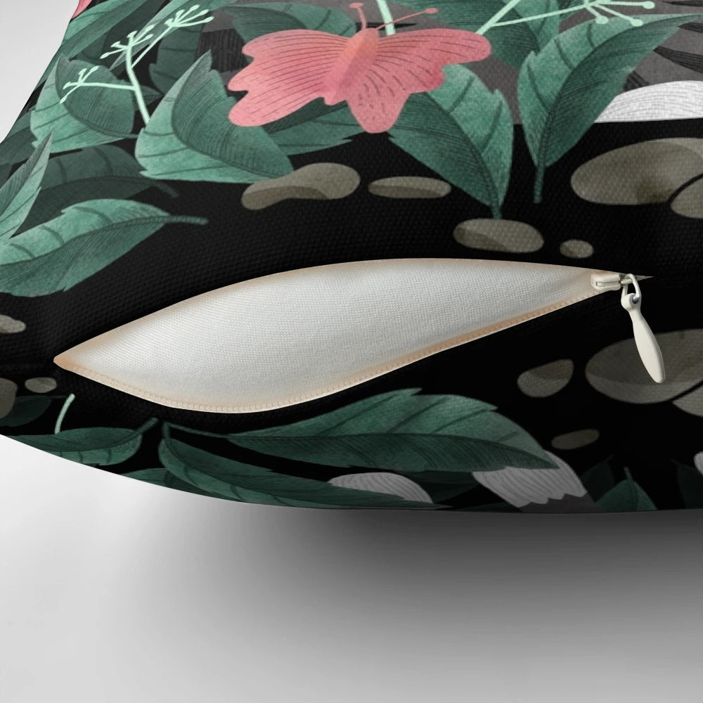 Tabby cat pillow with a lush, jungle-inspired butterfly garden design