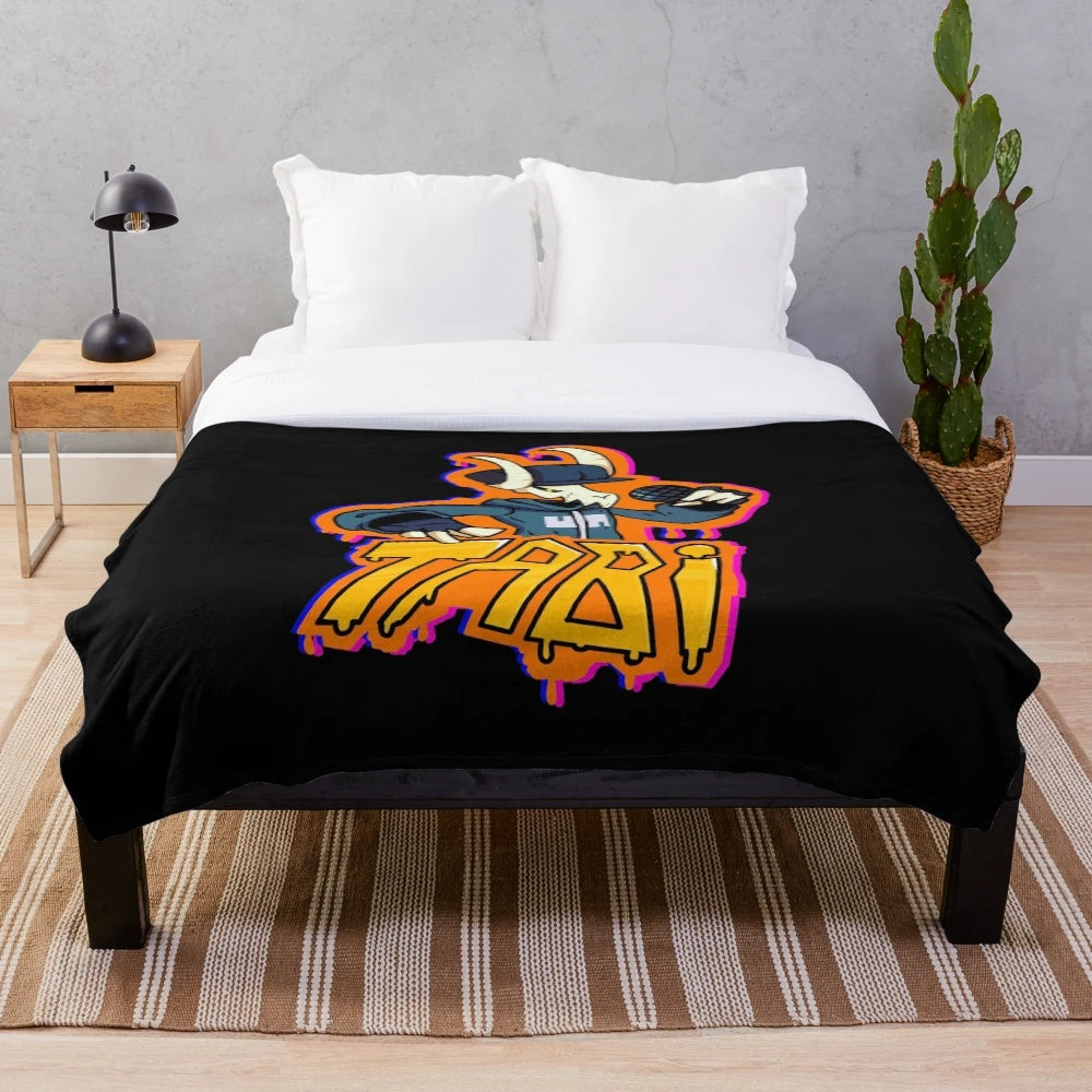 Tabi FNF-inspired plush blanket with skeleton character, graffiti, and horns