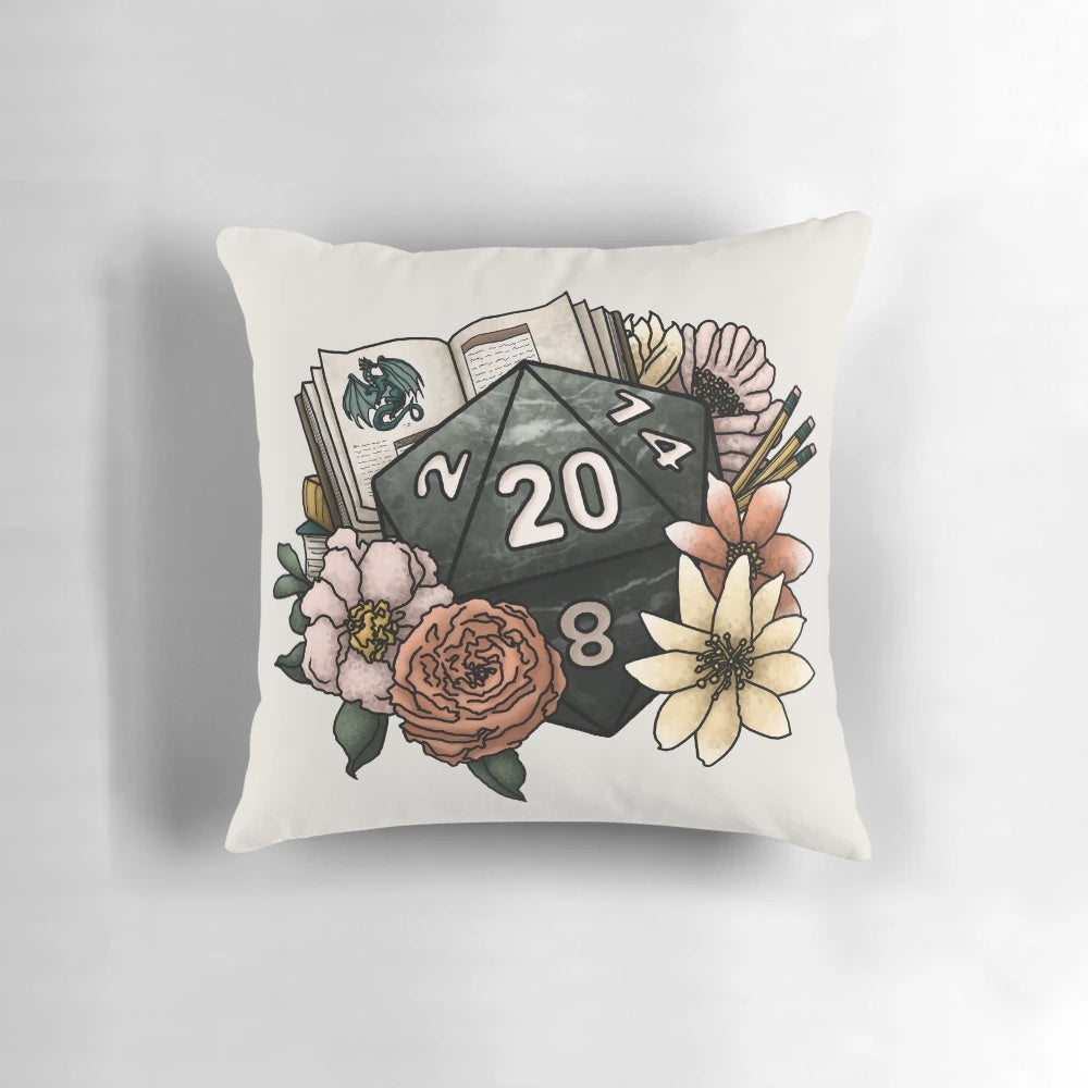 Soft, plush pillow featuring a d20 dice design for tabletop gaming enthusiasts