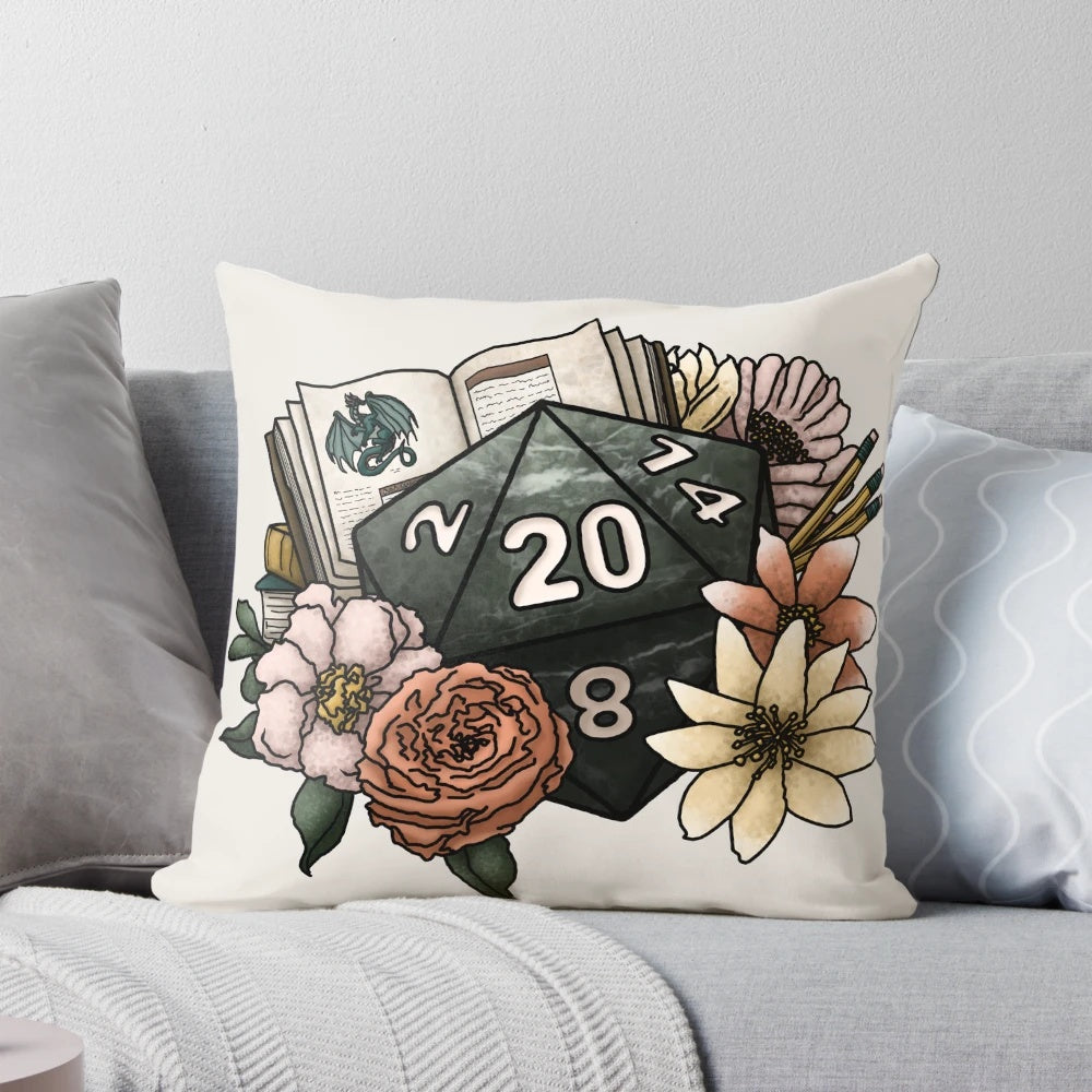 Soft, plush pillow featuring a d20 dice design for tabletop gaming enthusiasts