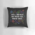 Dice-themed tabletop RPG pillow with colorful dice
