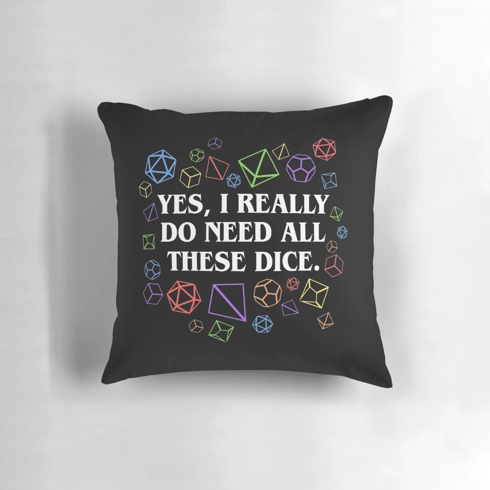 Dice-themed tabletop RPG pillow with colorful dice