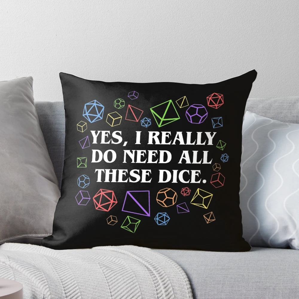 Dice-themed tabletop RPG pillow with colorful dice