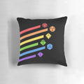Colorful rainbow dice set printed on a soft, plush gaming pillow for tabletop RPG enthusiasts.