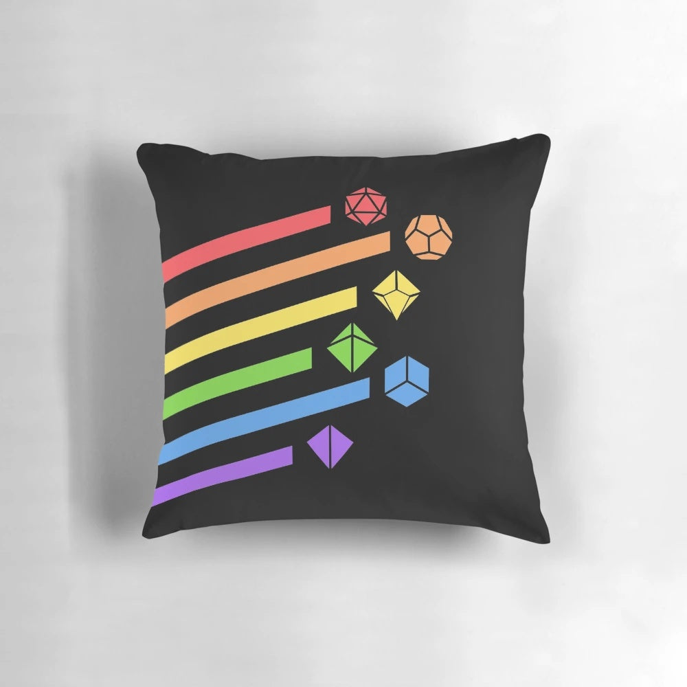 Colorful rainbow dice set printed on a soft, plush gaming pillow for tabletop RPG enthusiasts.