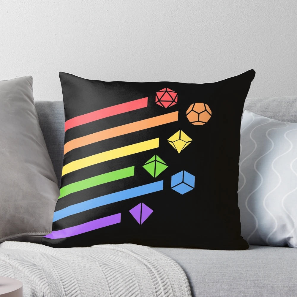 Colorful rainbow dice set printed on a soft, plush gaming pillow for tabletop RPG enthusiasts.
