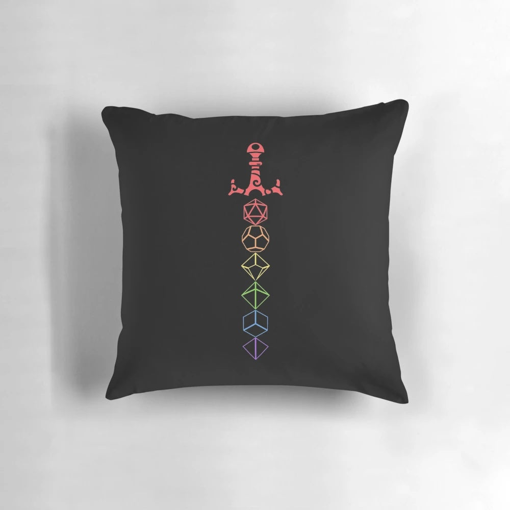 Colorful tabletop RPG gaming pillow featuring a dice and sword design, perfect for Dungeons and Dragons fans.