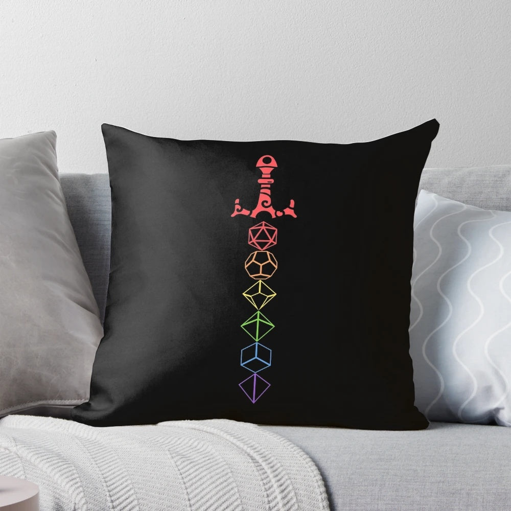 Colorful tabletop RPG gaming pillow featuring a dice and sword design, perfect for Dungeons and Dragons fans.