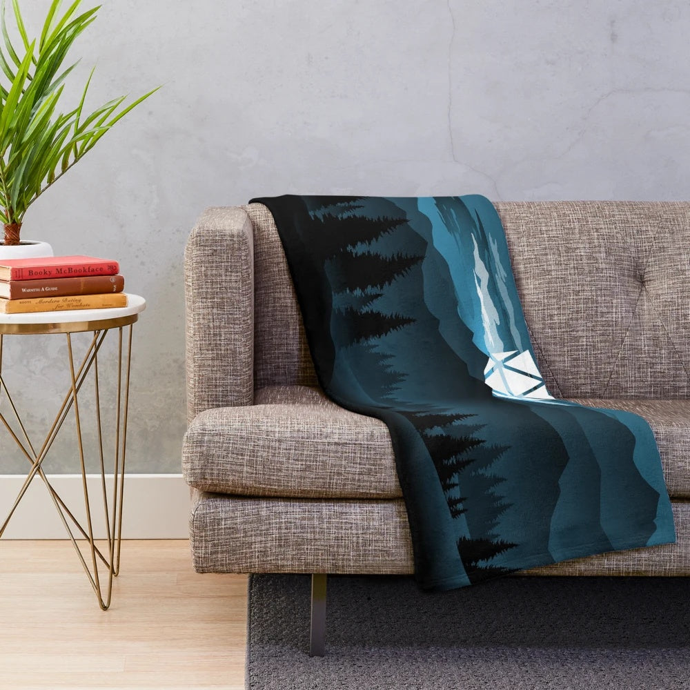 Tabletop RPG plush blanket with fantasy landscapes and d20 dice