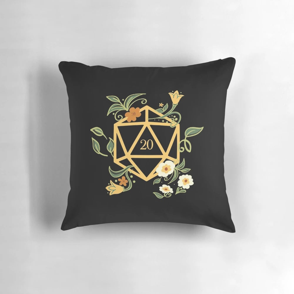 "A polyhedral D20 dice pillow designed for plant lovers and tabletop RPG enthusiasts"