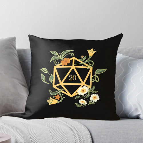 "A polyhedral D20 dice pillow designed for plant lovers and tabletop RPG enthusiasts"