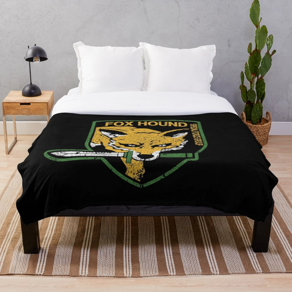 Foxhound-inspired plush blanket with military and tactical design elements