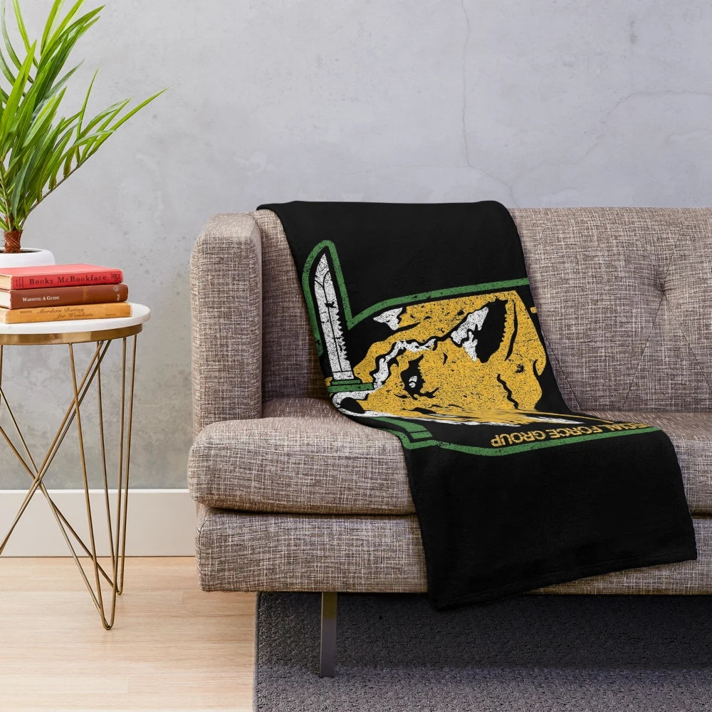 Foxhound-inspired plush blanket with military and tactical design elements