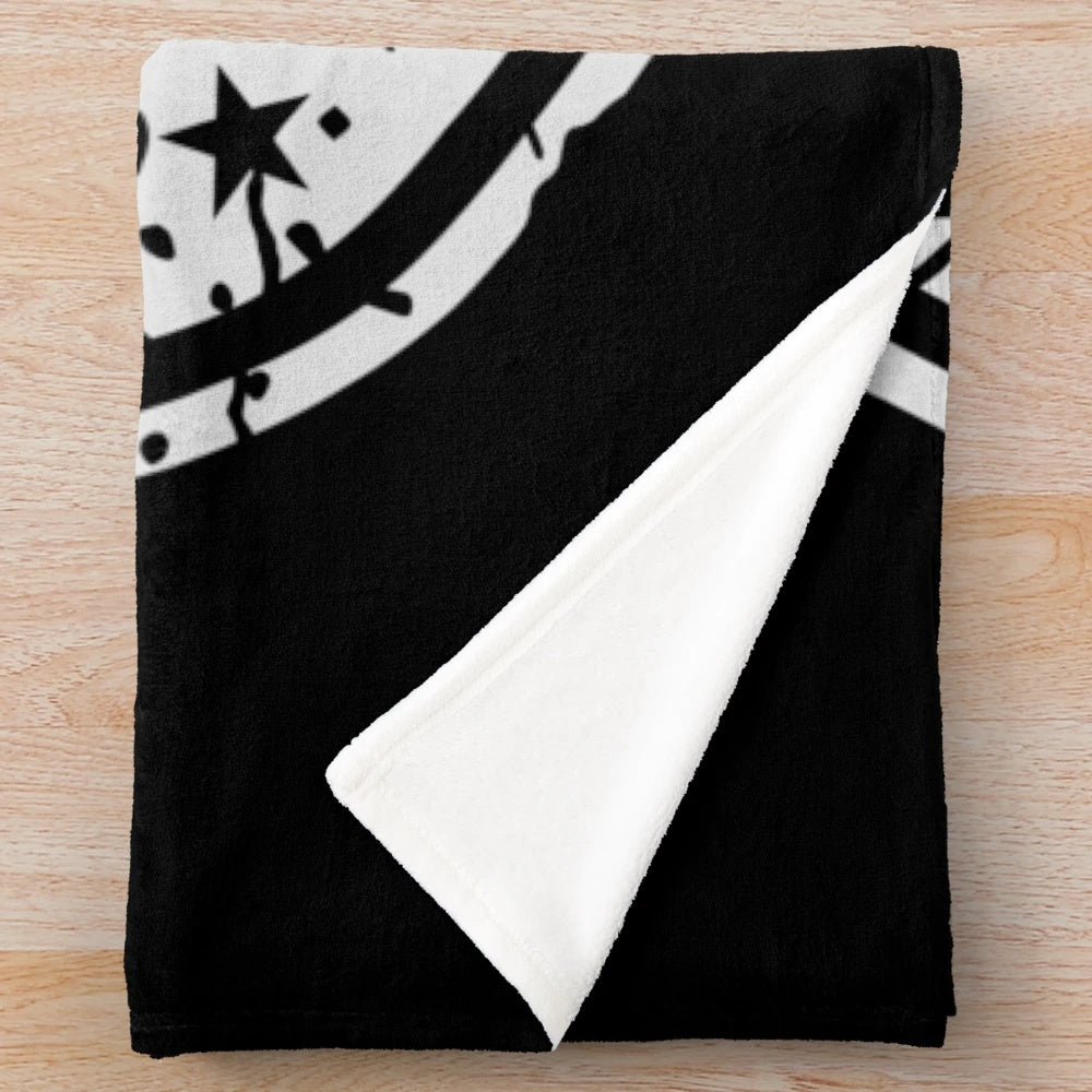 Tactical shield-inspired plush blanket with a distressed, grunge design