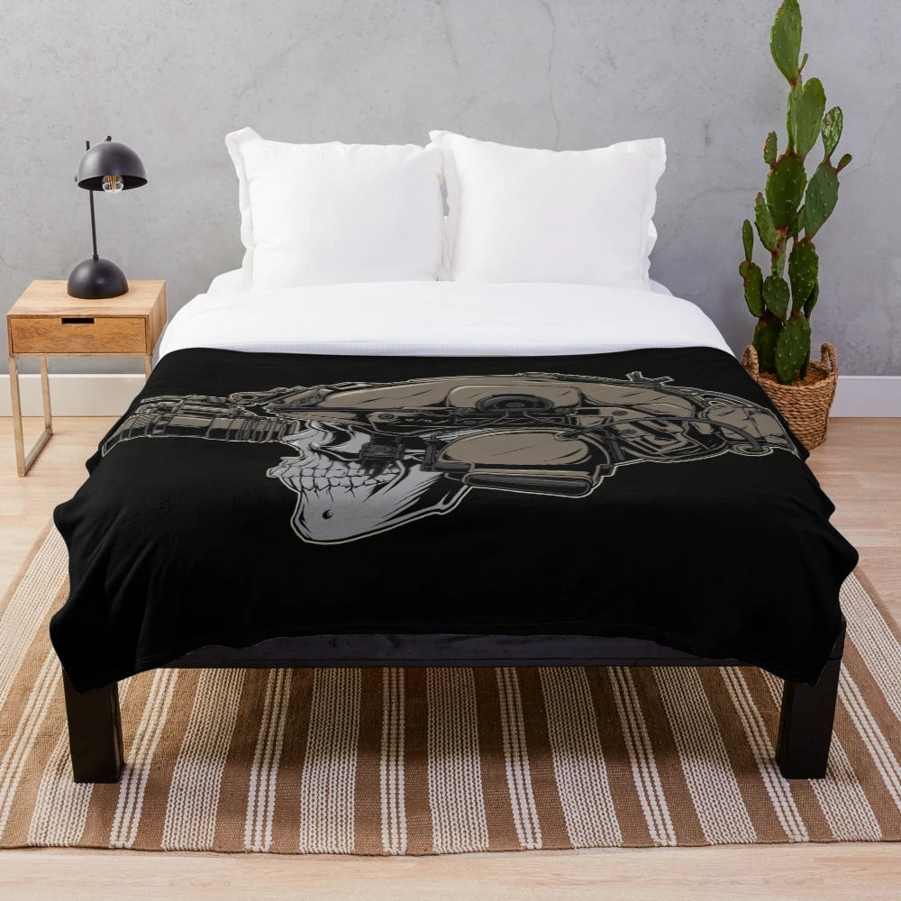 Tactical soldier skull plush blanket with camouflage pattern and military design