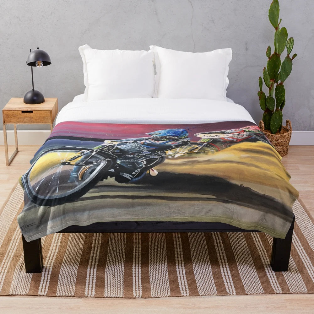 Tai Woffinden inspired plush blanket with speedway and motorcycle imagery