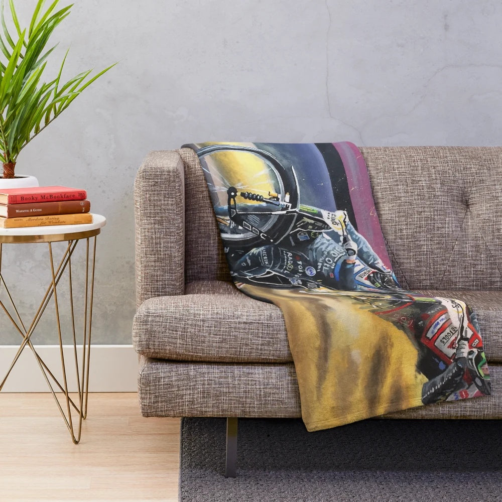 Tai Woffinden inspired plush blanket with speedway and motorcycle imagery