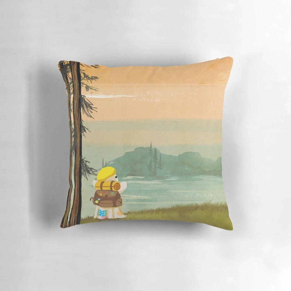 Peaceful landscape pillow featuring a soothing nature design, perfect for outdoor enthusiasts and solo travelers.