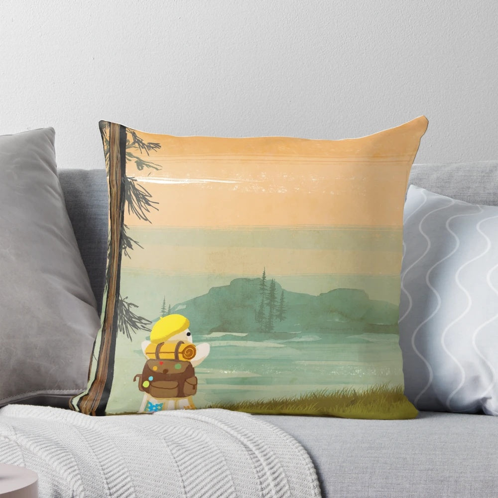 Peaceful landscape pillow featuring a soothing nature design, perfect for outdoor enthusiasts and solo travelers.