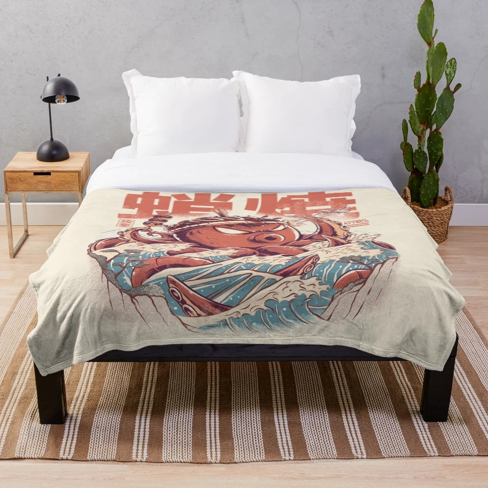 Takoyaki Plush Blanket featuring a retro Japanese inspired monster design