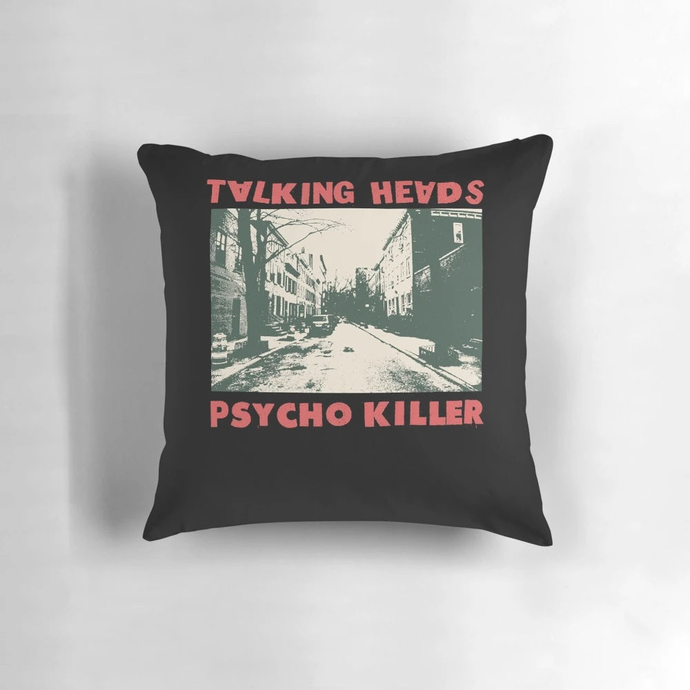 Vintage-inspired Talking Heads "Psycho Killer" throw pillow featuring the iconic 80s new wave band.