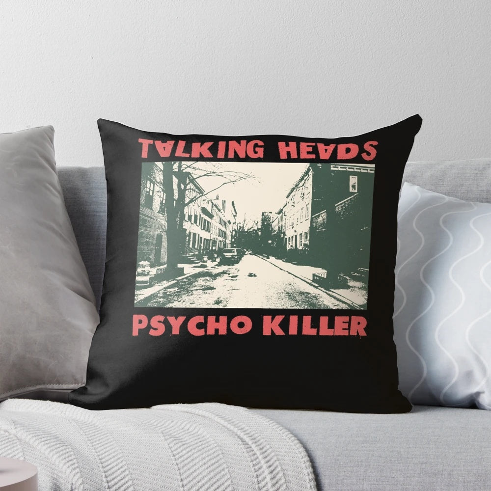 Vintage-inspired Talking Heads "Psycho Killer" throw pillow featuring the iconic 80s new wave band.